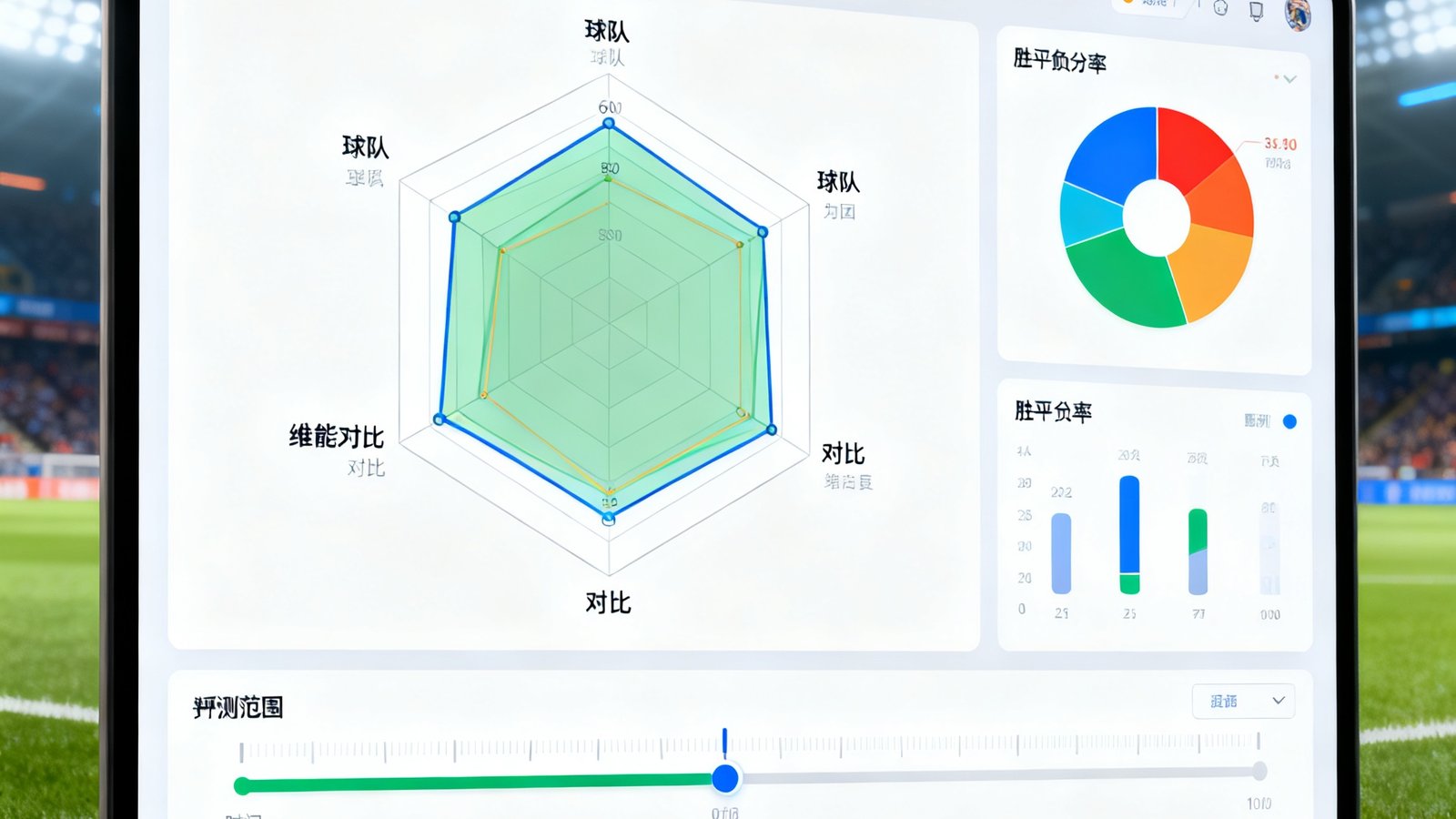 一个数据预测界面的屏幕截图，中央是六边形雷达图展示球队多维能力对比，右侧是胜平负概率饼状图，底部有时间轴滑块可调整预测范围。