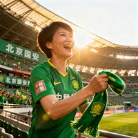 一位短发女性球迷李娜，身穿北京国安绿色球衣，手拿围巾在工体看台欢呼，阳光洒在脸上。